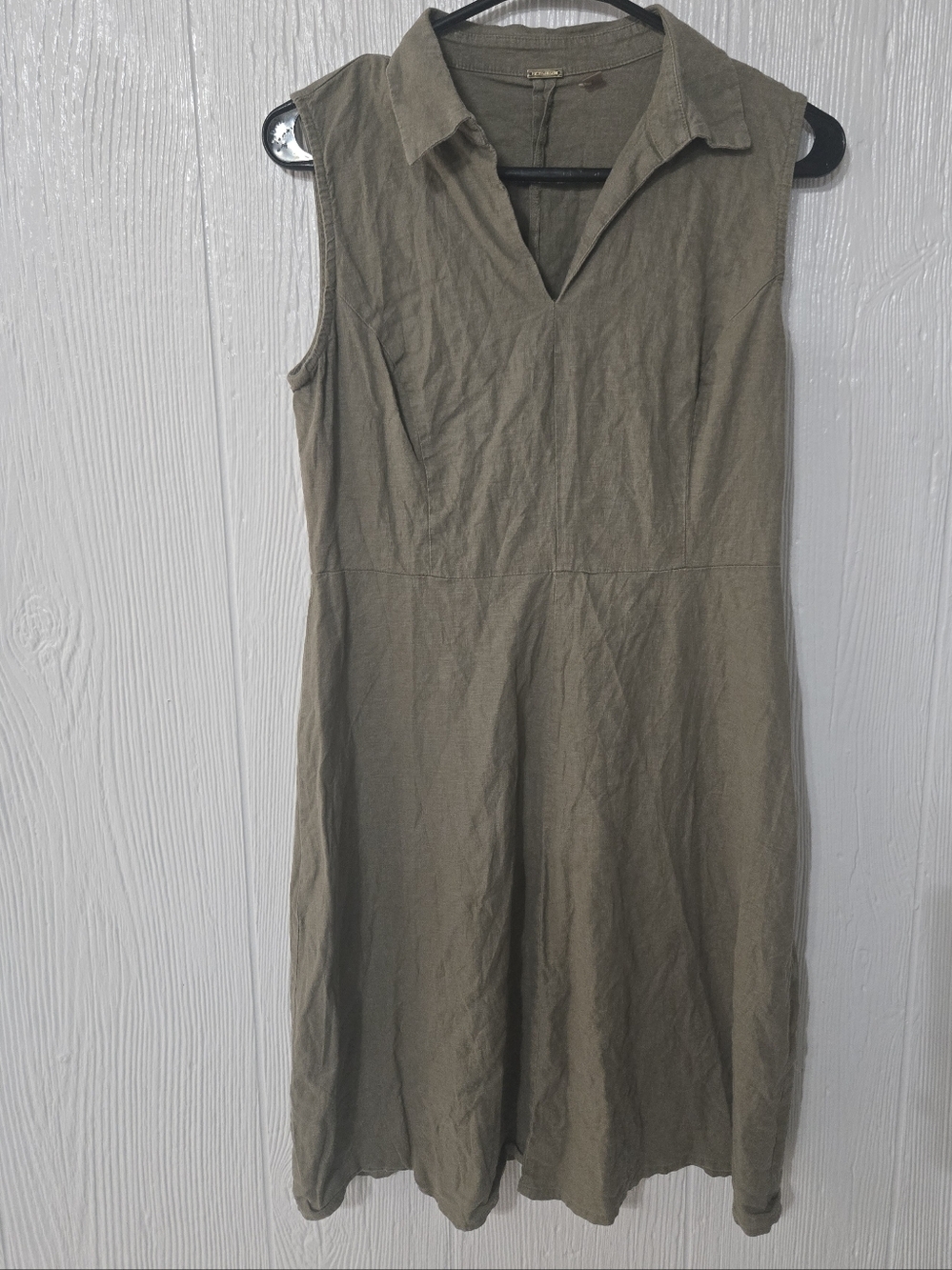 T Tahari Dress Womans 8 Sleeveless V Neck Sheath Army Green Linen Blend With Tie